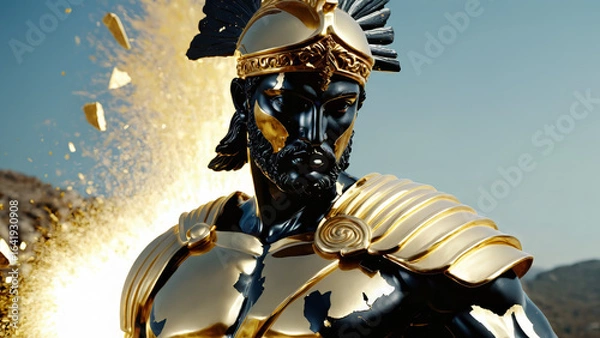 Fototapeta Epic Black and Gold Armored Greek God Warrior Statue with Ornate Helmet and Decorative Battle Armor for Luxury Art Displays, Mythological Branding, and High-End Fantasy Collectibles, Stoic
