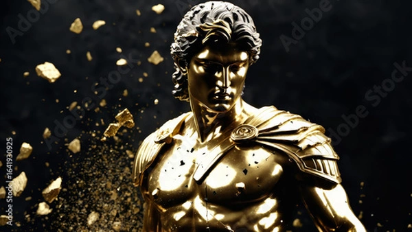 Fototapeta Epic Black and Gold Armored Greek God Warrior Statue with Ornate Helmet and Decorative Battle Armor for Luxury Art Displays, Mythological Branding, and High-End Fantasy Collectibles, Stoic