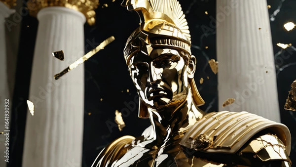 Fototapeta Epic Black and Gold Armored Greek God Warrior Statue with Ornate Helmet and Decorative Battle Armor for Luxury Art Displays, Mythological Branding, and High-End Fantasy Collectibles, Stoic