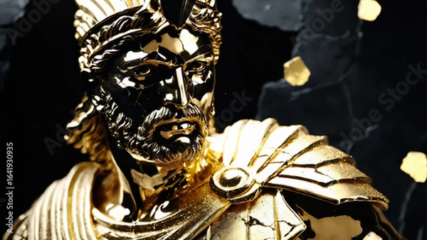 Fototapeta Epic Black and Gold Armored Greek God Warrior Statue with Ornate Helmet and Decorative Battle Armor for Luxury Art Displays, Mythological Branding, and High-End Fantasy Collectibles, Stoic