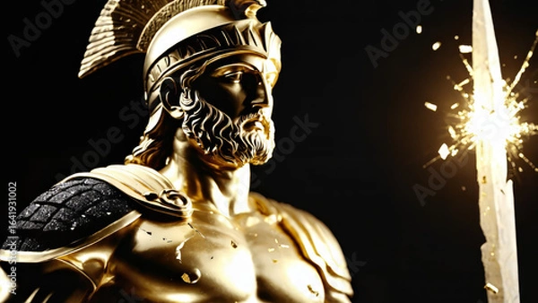 Fototapeta Epic Black and Gold Armored Greek God Warrior Statue with Ornate Helmet and Decorative Battle Armor for Luxury Art Displays, Mythological Branding, and High-End Fantasy Collectibles, Stoic