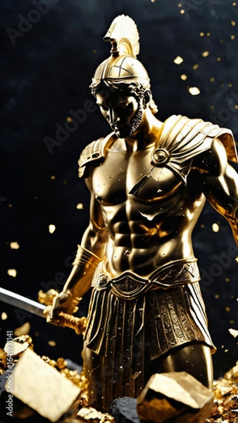 Fototapeta Epic Black and Gold Armored Greek God Warrior Statue with Ornate Helmet and Decorative Battle Armor for Luxury Art Displays, Mythological Branding, and High-End Fantasy Collectibles, Stoic
