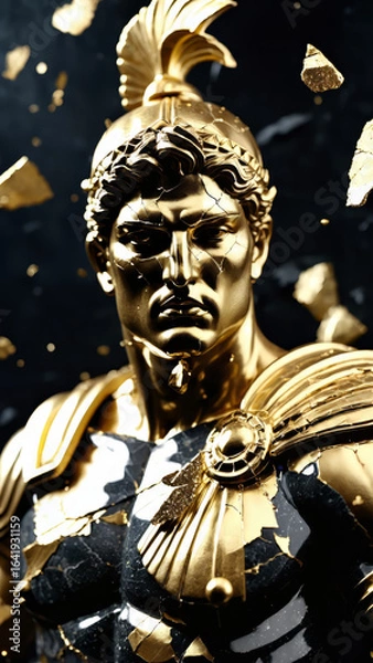 Fototapeta Epic Black and Gold Armored Greek God Warrior Statue with Ornate Helmet and Decorative Battle Armor for Luxury Art Displays, Mythological Branding, and High-End Fantasy Collectibles, Stoic