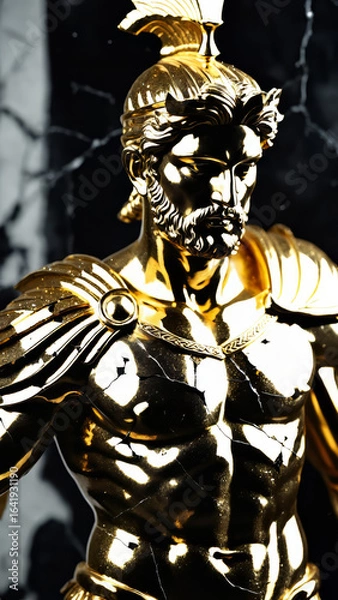 Fototapeta Epic Black and Gold Armored Greek God Warrior Statue with Ornate Helmet and Decorative Battle Armor for Luxury Art Displays, Mythological Branding, and High-End Fantasy Collectibles, Stoic