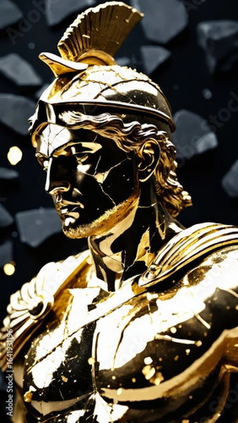 Fototapeta Epic Black and Gold Armored Greek God Warrior Statue with Ornate Helmet and Decorative Battle Armor for Luxury Art Displays, Mythological Branding, and High-End Fantasy Collectibles, Stoic