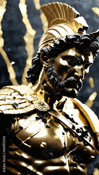 Fototapeta Epic Black and Gold Armored Greek God Warrior Statue with Ornate Helmet and Decorative Battle Armor for Luxury Art Displays, Mythological Branding, and High-End Fantasy Collectibles, Stoic