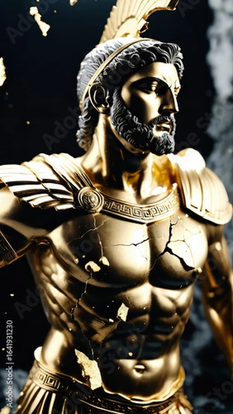 Fototapeta Epic Black and Gold Armored Greek God Warrior Statue with Ornate Helmet and Decorative Battle Armor for Luxury Art Displays, Mythological Branding, and High-End Fantasy Collectibles, Stoic