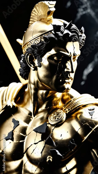 Fototapeta Epic Black and Gold Armored Greek God Warrior Statue with Ornate Helmet and Decorative Battle Armor for Luxury Art Displays, Mythological Branding, and High-End Fantasy Collectibles, Stoic