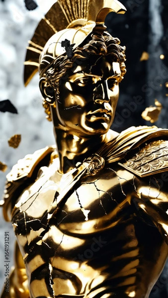 Fototapeta Epic Black and Gold Armored Greek God Warrior Statue with Ornate Helmet and Decorative Battle Armor for Luxury Art Displays, Mythological Branding, and High-End Fantasy Collectibles, Stoic