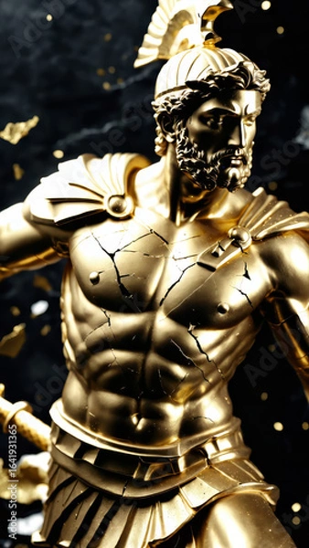 Fototapeta Epic Black and Gold Armored Greek God Warrior Statue with Ornate Helmet and Decorative Battle Armor for Luxury Art Displays, Mythological Branding, and High-End Fantasy Collectibles, Stoic