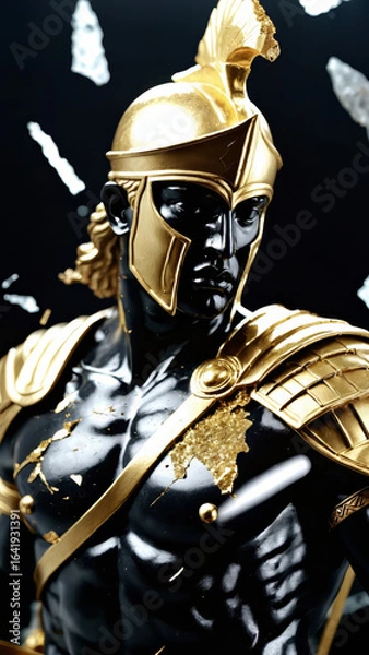 Fototapeta Epic Black and Gold Armored Greek God Warrior Statue with Ornate Helmet and Decorative Battle Armor for Luxury Art Displays, Mythological Branding, and High-End Fantasy Collectibles, Stoic