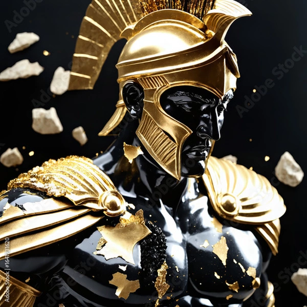 Fototapeta Epic Black and Gold Armored Greek God Warrior Statue with Ornate Helmet and Decorative Battle Armor for Luxury Art Displays, Mythological Branding, and High-End Fantasy Collectibles, Stoic
