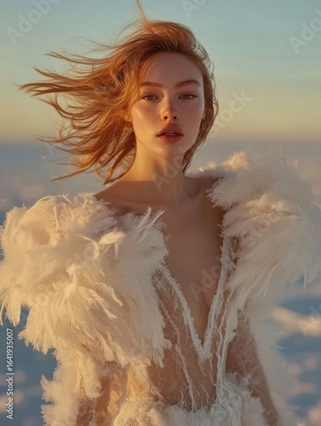 Fototapeta Redheaded model in feathered white gown under golden sunset sky. AI-generated.