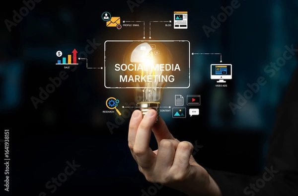 Fototapeta Social media marketing strategy with engagement metrics. Social marketing boosts media visibility. Social media marketing drives traffic. Social media marketing increases engagement. Spline
