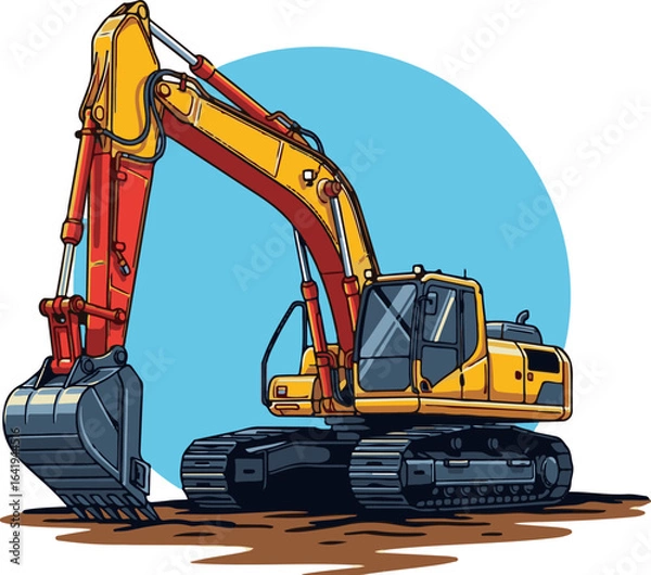 Obraz Vector art of yellow excavator with red boom and blue bucket on dirt
