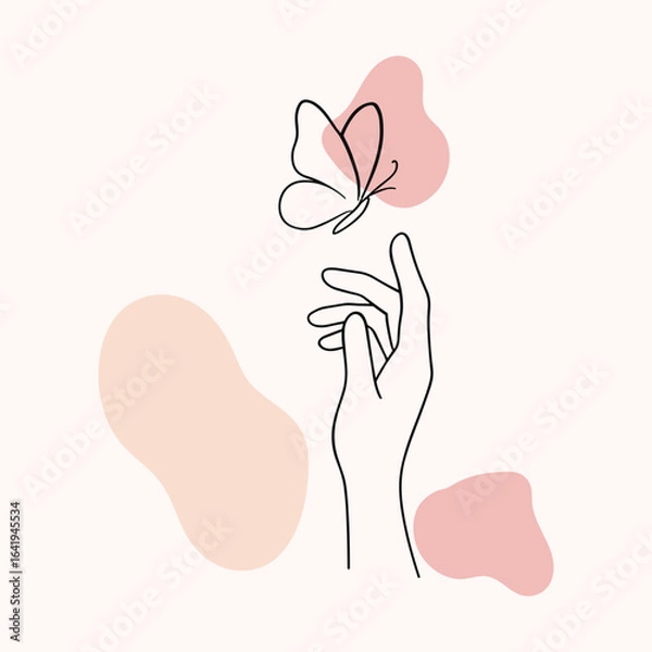 Fototapeta Minimal line art hand reaching for butterfly with soft abstract shapes