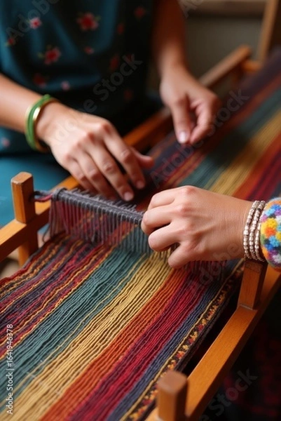 Fototapeta Artisan Hand Weaving Vibrant Multicolored Fabric – Traditional Textile Craftwork Close-Up
