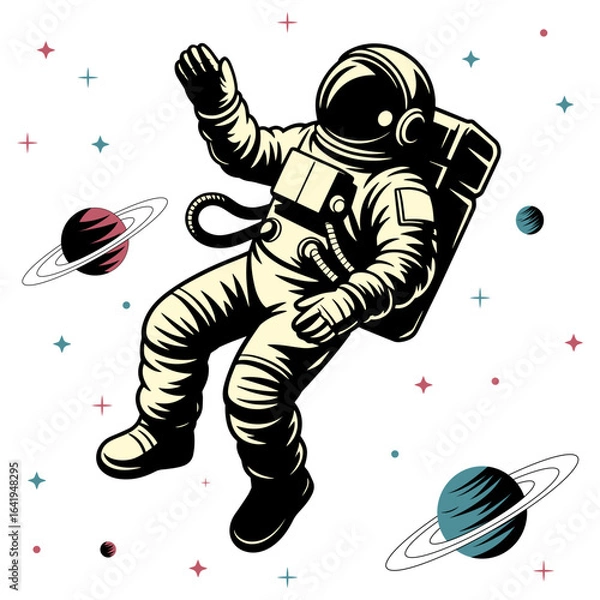 Fototapeta Vintage Astronaut Floating in Space Vector Illustration