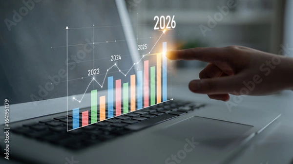 Obraz Business growth forecast highlights increasing trends new year 2026. Growth forecast data, growth forecast strategy, and growth forecast planning are key elements. Latch