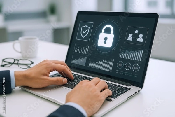 Fototapeta Cybersecurity Professional Working on Laptop with Data Encryption, Business Analytics, and Digital Security Interface