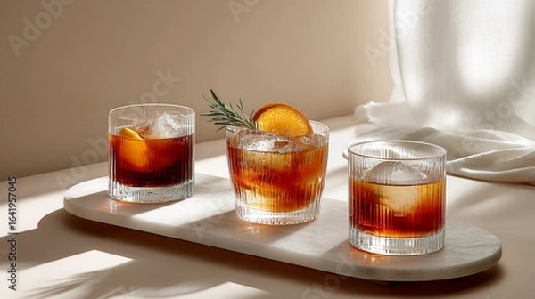 Fototapeta a tasting board 3 different oxacan old fashiond cocktails in clean simple modern glassware