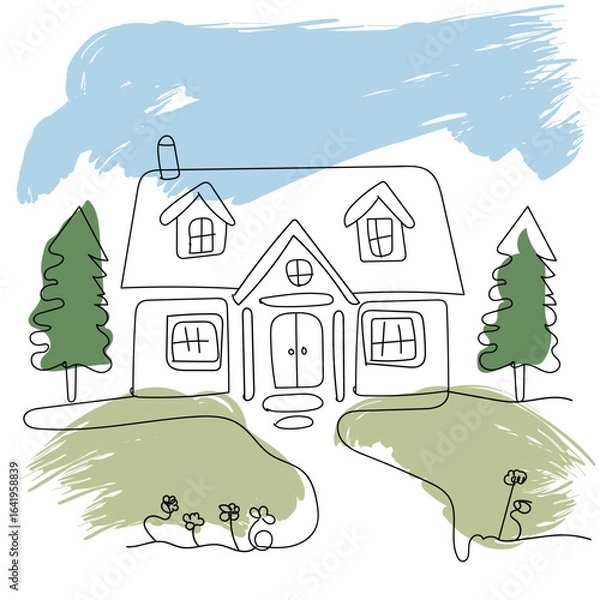Fototapeta hand-drawn illustration of a two-story home. Vector hand-drawn doodle illustration