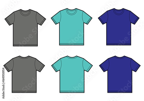 Fototapeta Set of t shirt templates in Various Colors for Apparel Design, Six flat, vector graphic designs of blank t-shirts in different colors (gray, teal, navy blue) show front and back views.