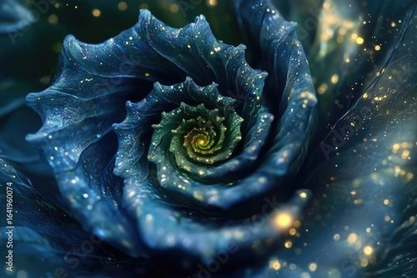 Fototapeta A mesmerizing fractal rose, spiraling inwards with glittering, dark blue petals and golden dust.
