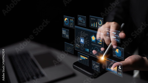 Fototapeta AI Assistant Brain Processor with LLM Technology, Big Data, Machine Learning, Generative AI for Business Support, Future Agentic AI Technology and Artificial Intelligence Prompt Engineering. Spline