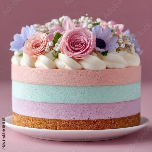 Obraz Colorful layered cake decorated with flowers on a simple plate against a pastel background
