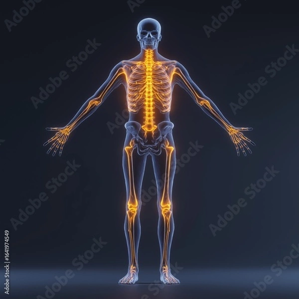 Fototapeta 3D illustration of a human skeleton with highlighted joints and spine in blue and orange against a dark background for educational purposes, ideal for advertising, marketing, website backgrounds