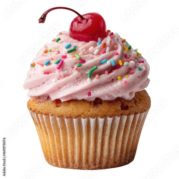 Fototapeta Delicious vanilla cupcake with pink frosting and cherry isolated on transparent background