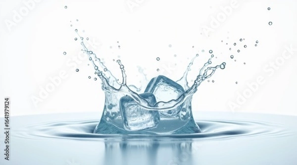 Fototapeta Crystal ice cubes splashing into clear water on white background with crisp droplets for refreshing beverage and summer video ads