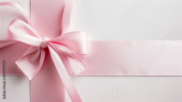 Fototapeta A pink ribbon tied in a bow on a white surface, the ribbon is shiny and smooth, the background is plain and bright