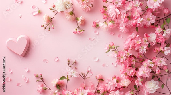 Obraz A pink heart surrounded by pink flowers and green leaves on a light blue background, the heart has a floral design in the center