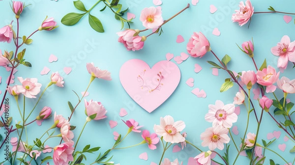 Fototapeta A pink heart surrounded by pink flowers and green leaves on a light blue background, the heart has a floral design in the center