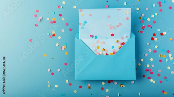 Fototapeta A light blue envelope with colorful confetti spilling out, set against a matching light blue background with scattered confetti
