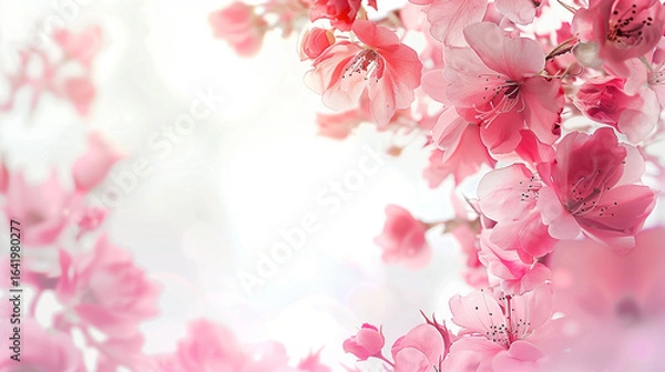 Fototapeta A collection of pink and white roses with buds scattered around a white background, soft lighting, romantic floral arrangement, elegant and delicate