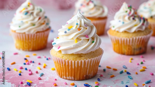 Fototapeta A group of cupcakes with white frosting and colorful sprinkles, arranged on a white plate, with a blurred background of a kitchen counter