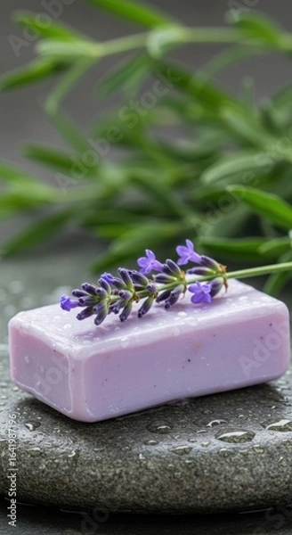 Fototapeta A bar of lavender soap with a lavender sprig rests on a wet stone, with green leaves in the background