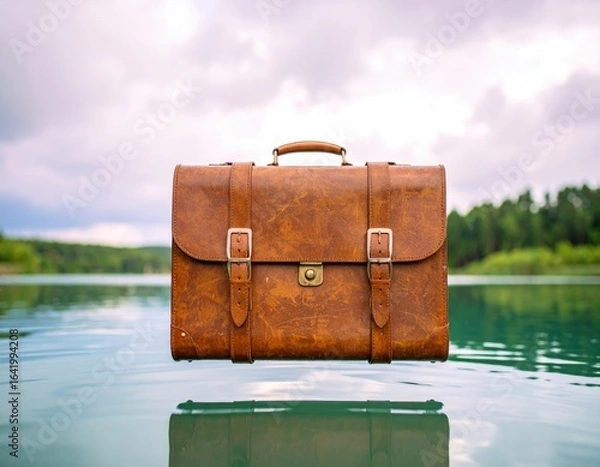 Fototapeta A well-worn leather briefcase levitating a few inches above a still reflective water surface.