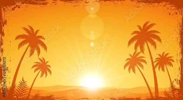 Fototapeta Retro summer sunset landscape with silhouette palm trees and warm sunburst glow