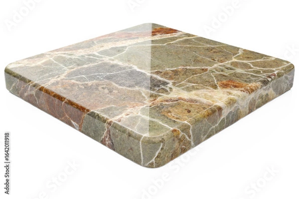 Obraz High-Resolution Polished Marble Slab: Green, Brown, and Beige Veining, Square Shape, Isolated on White Background