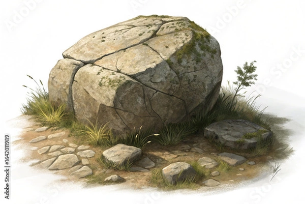 Obraz Cracked Boulder, Grassy Path, and Small Plants: Serene, Rustic Digital Painting.