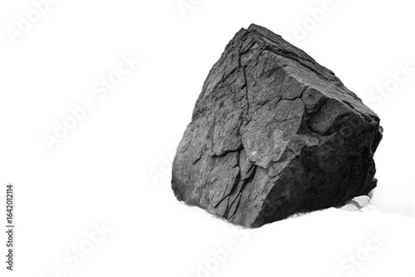 Obraz Monochromatic Photo of a Large, Cracked, Dark Grey Boulder Isolated on White Background