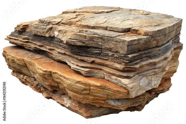 Obraz Layered Sandstone Rock Formation:  Rustic, Textured, Earth-toned, Isolated on White Background.