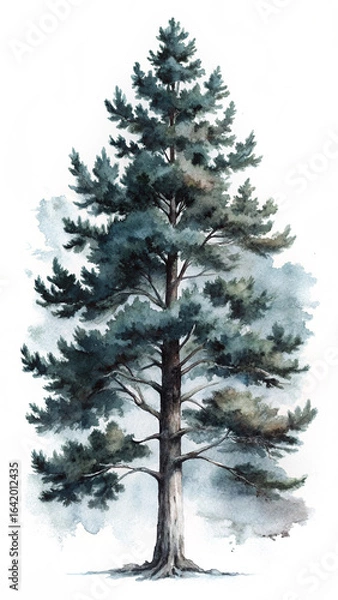 Obraz Serene Watercolor Painting of a Tall Pine Tree, Isolated on White Background, Moody Nature Illustration.