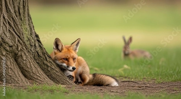Fototapeta Fox resting against tree with rabbit in background in peaceful meadow