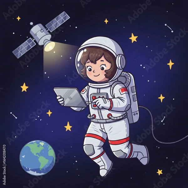 Fototapeta Young child in a space suit, floating in outer space, using a tablet device, surrounded by stars and a distant planet, showcasing the wonder of exploration and technology