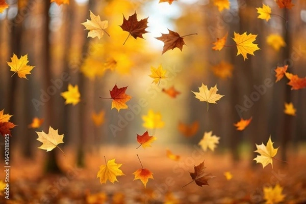 Obraz Autumn leaves falling in a forest path with golden sunlight